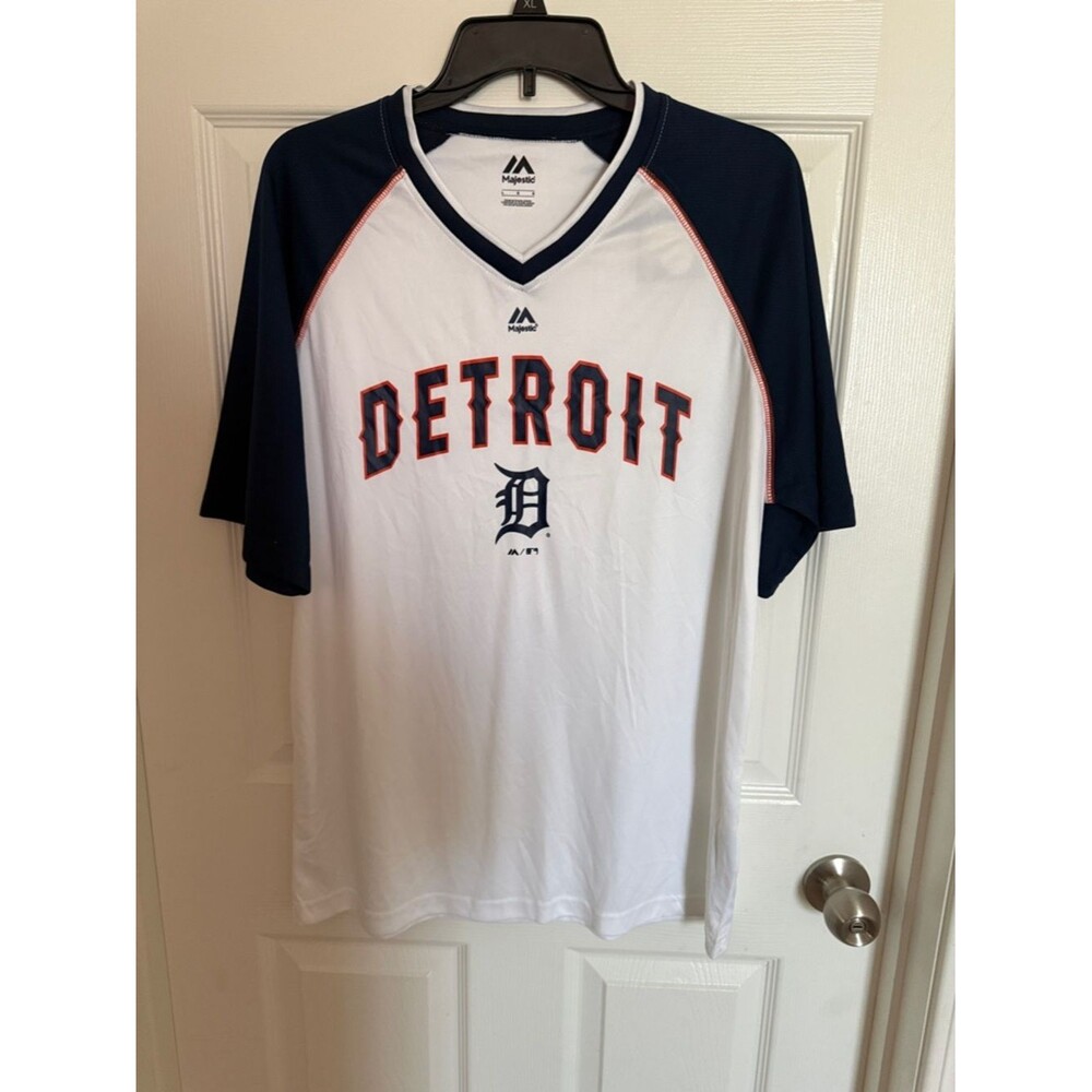 Majestic White Navy Detroit Baseball Shirt L